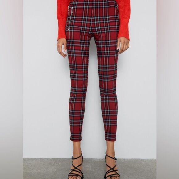 Zara Holiday Red Plaid Mid Rise Stretch Legging Pants, Size Medium NWT - Picture 3 of 16